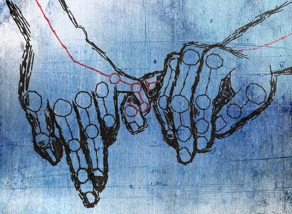 Digital image of needlework showing two hands with pinky fingers linked. Illustrates the shared trauma connection we can have during the COVID-19 pandemic and the need to find connection during sexual assault recovery.
