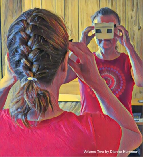 Image of woman looking at herself in the mirror with a vintage View-Master, representing the idea of trying to find herself in other stories of Sexual Assault.