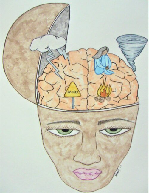 Painting of a person's head that shows the brain experiencing a PTSD trigger, including images of a fire, tornado, storm, sign reading "danger," and a woman sitting and looking sad and scared. Dealing with PTSD triggers is complex, but the author finds hope in learning to focus on finding quiet and learning to focus on creativity rather than productivity when triggers happen.