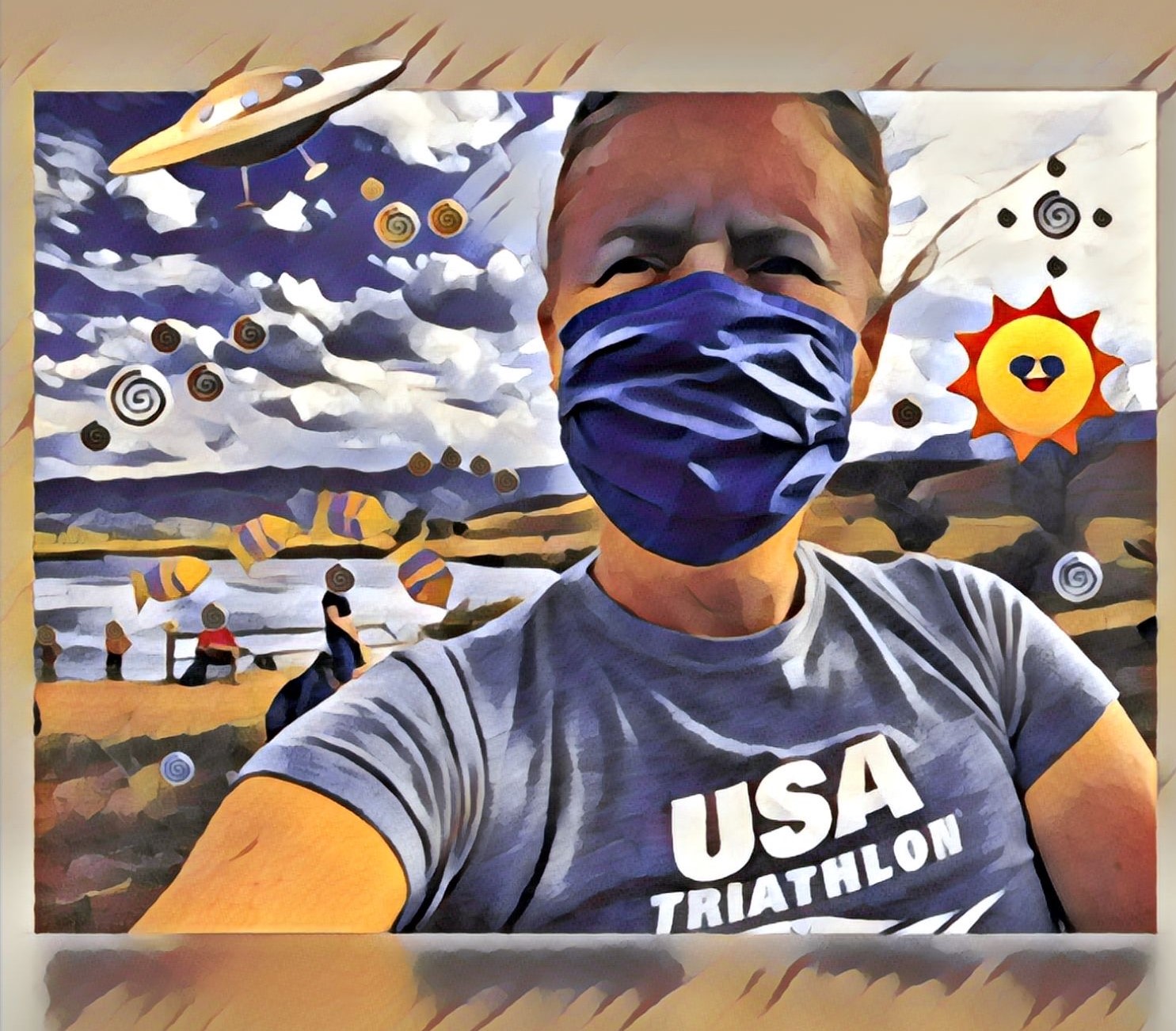 Artwork showing woman in cloth face mask and sporting a triathlon t-shirt, standing in front of a lake with mountains in the background. Image accompanies a story about regaining triathlon fitness after sexual assault.