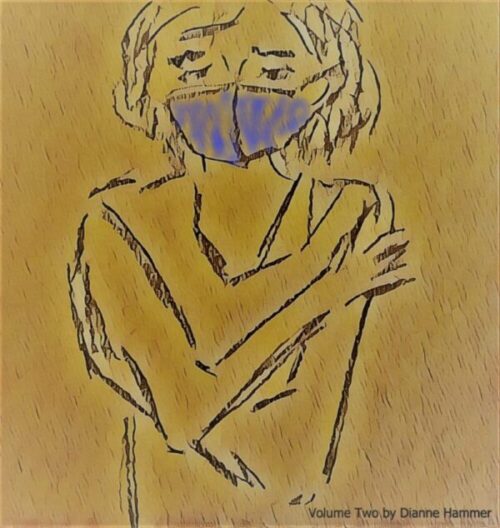 Drawing of woman wearing a cloth face mask who is sad and hugging herself