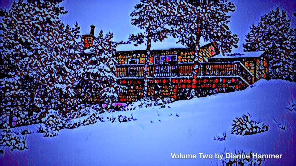 Digitized, filtered photo of a small house on a hillside with a snowy yard and snow-flocked pine trees.