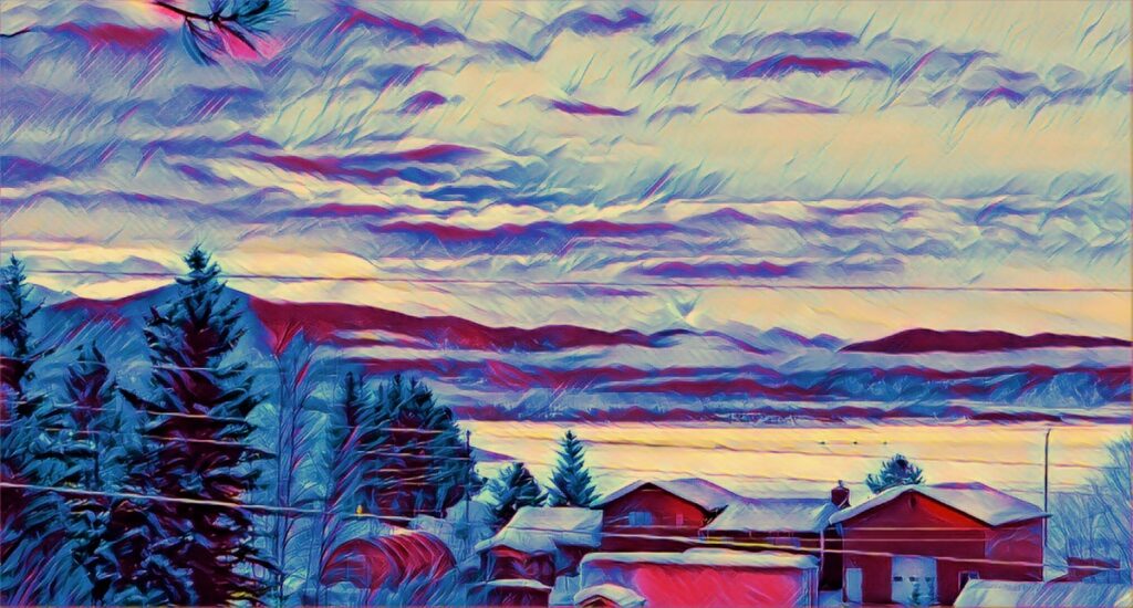 Digitized/filtered photograph showing a winter scene of a lake and surrounding mountains with clouds in the sky and red houses with snow-covered roofs in the foreground.