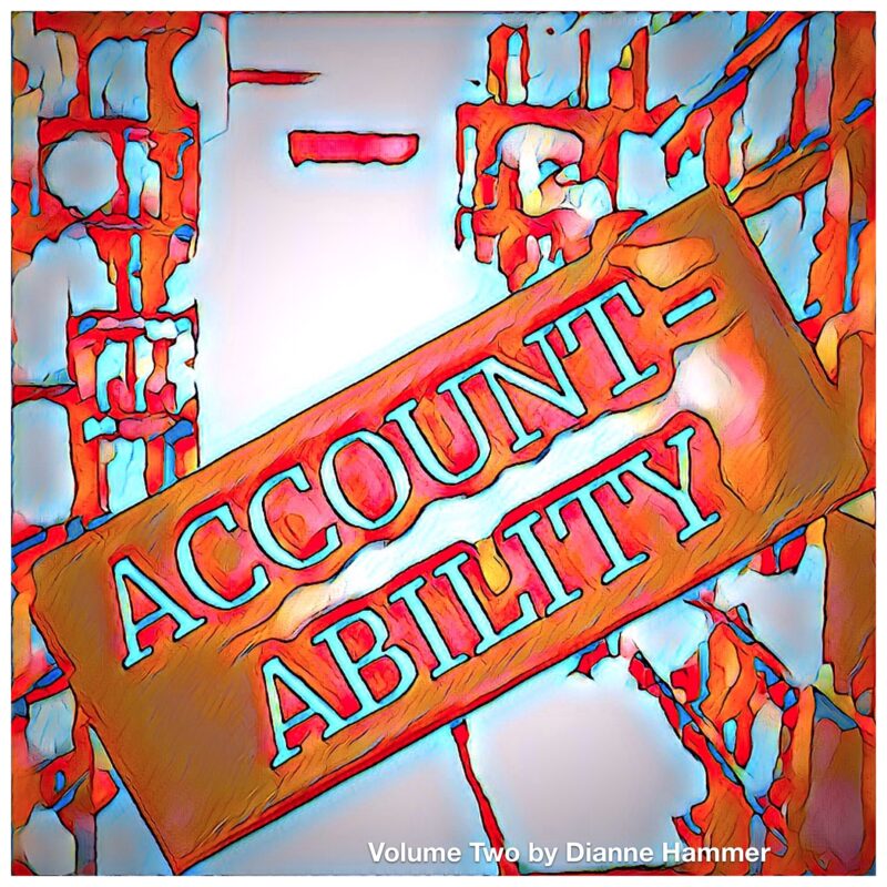 Abstract digital art in red, brown and blue tones, with a placard in the foreground reading "Accountability"