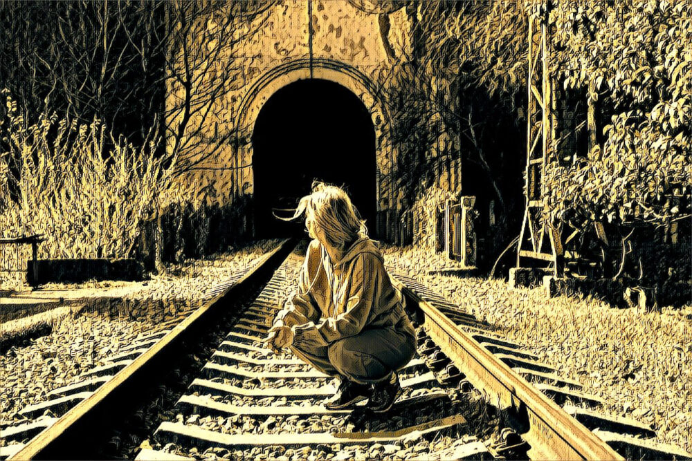 Photograph of a woman crouching on railroad tracks, looking back at a dark train tunnel.