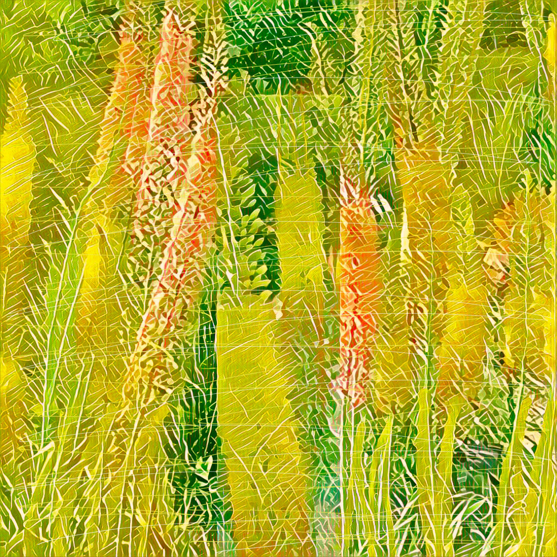 Digital art of long foliage fronds in green, yellow and pinks.