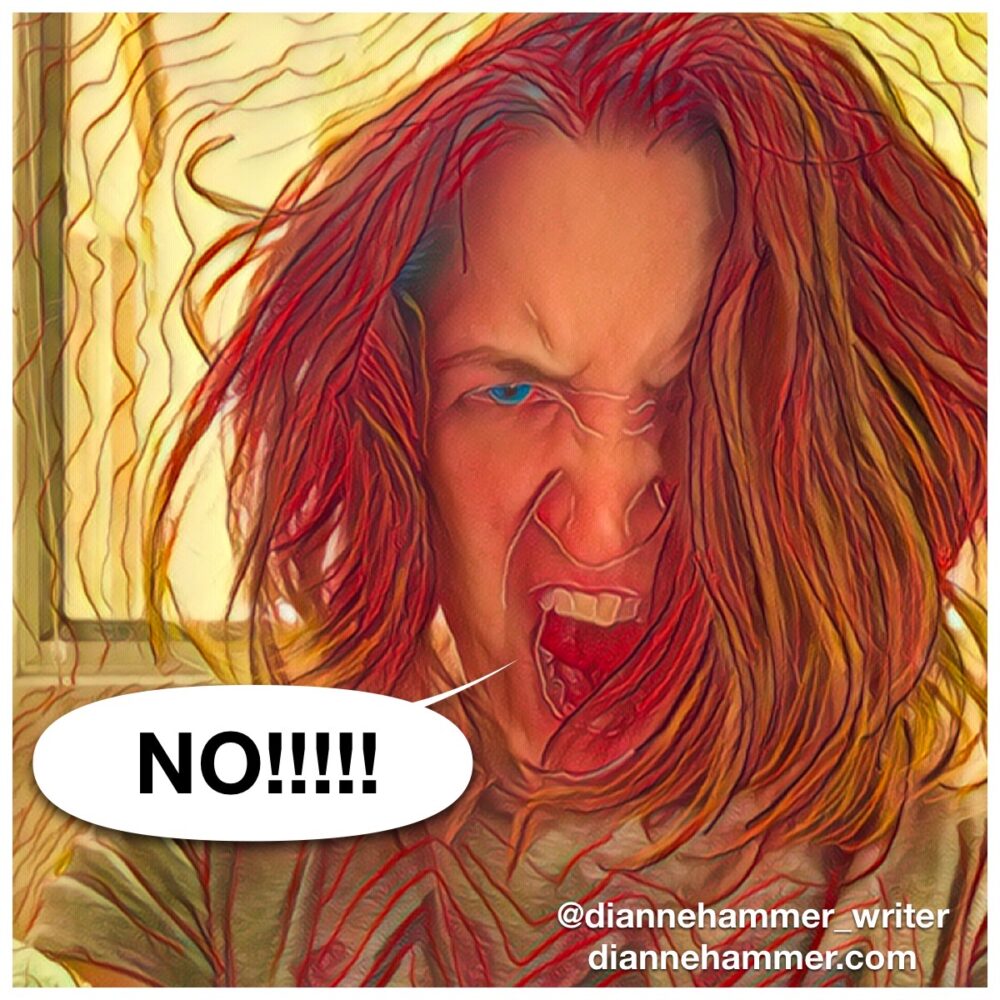 Photo art self-portrait of author with wild red hair, fierce blue eyes, open shouting mouth, and swirling yellow background. A bubble text extending from her mouth shouts, "NO!"