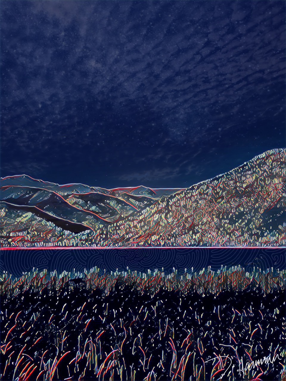 Art photo of mountain and lake scene at night