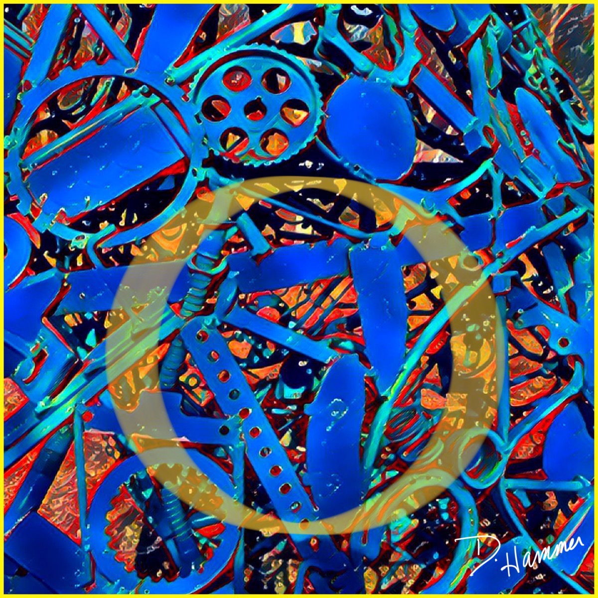 Abstract area of blue gears with bright yellow healing circle.